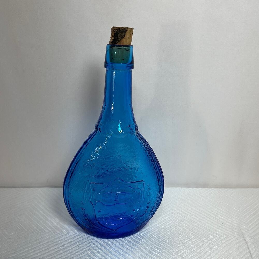 Vintage Wheaton Blue Glass Bottle Embossed Union Shield Dove 9.25"